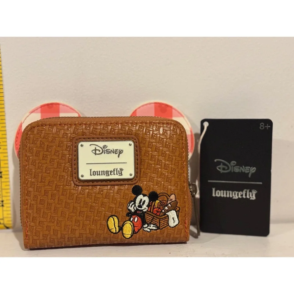 Loungefly Disney Mickey Mouse Picnic Card zip Wallet Brown Pink Gingham NWT
